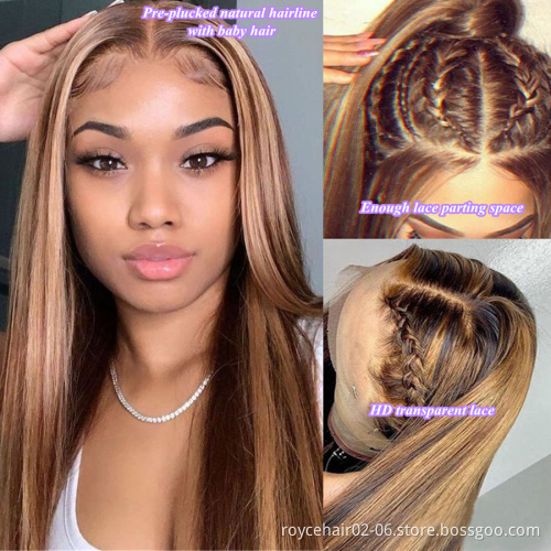 Pre-plucked Highlighted Brown Honey Blonde Piano Color 4x4 Swiss Lace Closure Mink Cuticle Aligned Virgin Human Hair Wigs